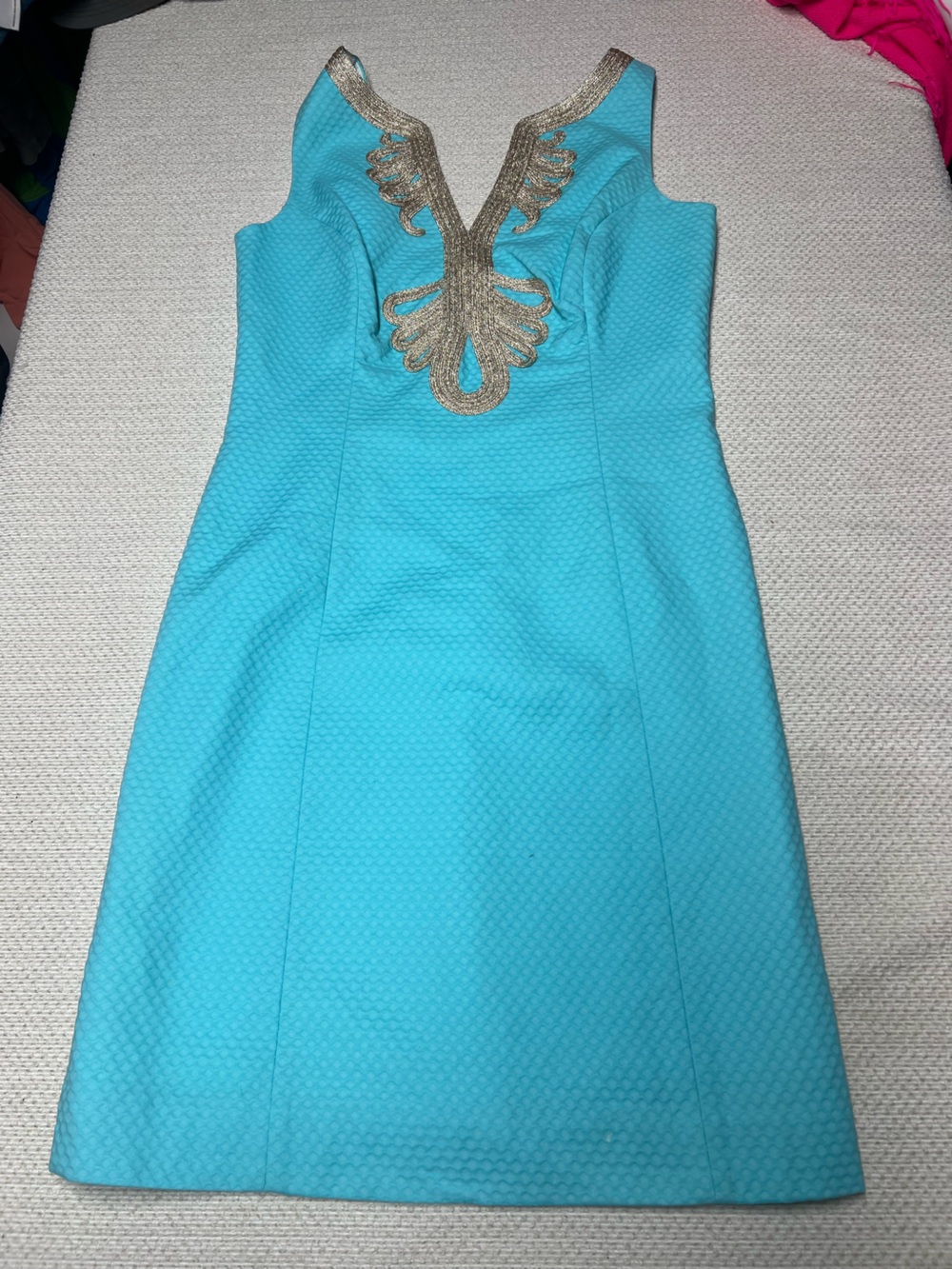 Lilly Pulitzer Bentley Shift Dress Women’s 6 Turquoise Gold Embroidered Resort